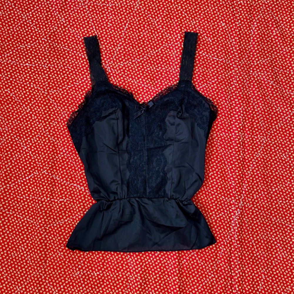 Vintage 70s Black Lace Trim Peplum Camisole Tank Top Coquette Twee